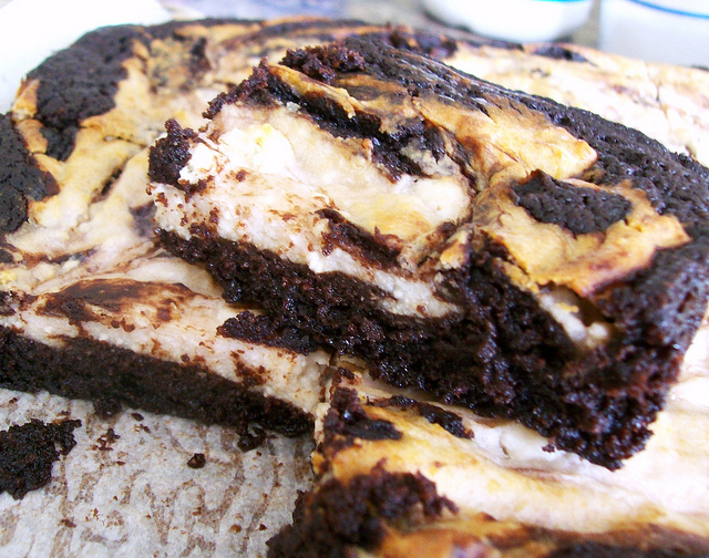 Marbled "special" brownies upon a plate.