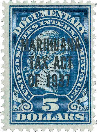 Image of a an old blue 5 cent stamp, represent the Stamp Tax Act that did not prohibit marijuana, rather the overlaying stamp of "Marijuana Tax Act of 1937" prohibits the use of marijuana.