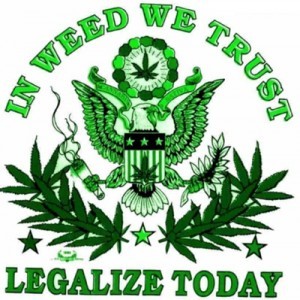 A green American coat of arms with pot leaves replacing the olive branches reads "In weed we trust, legalize today," which 51% of Americans support.