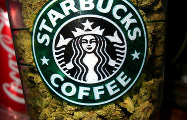 A vertical image of a Starbucks Coffee cup filled with bud, soon patrons in legal states hope to pick up weed the way they pick up coffee.