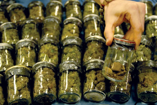 Jars of bud at a dispensary in Marijuana where there are fine lines between what is legal and what isn't.