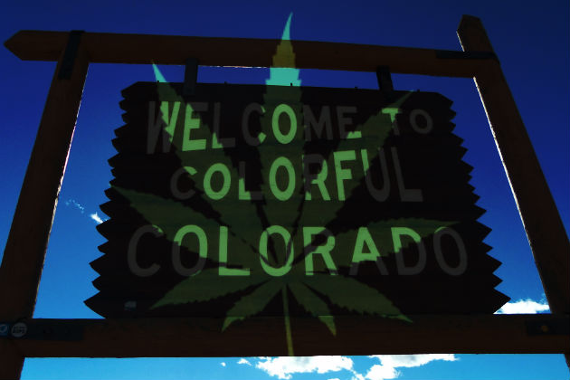 A pot leaf overlays a "Welcome to Colorado" sign where new rules are going to be put into place about legalizing cannabis.