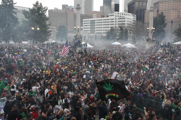 Crowds under a haze of smoke on 4/20 in Colorado, where legalization regulations are being put in place.