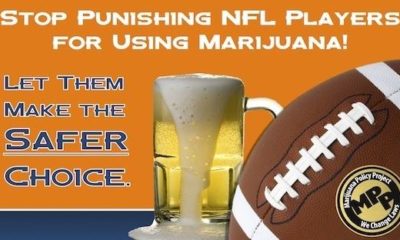 A poster urges prosecutors to stop punishing NFL players for using marijauna.