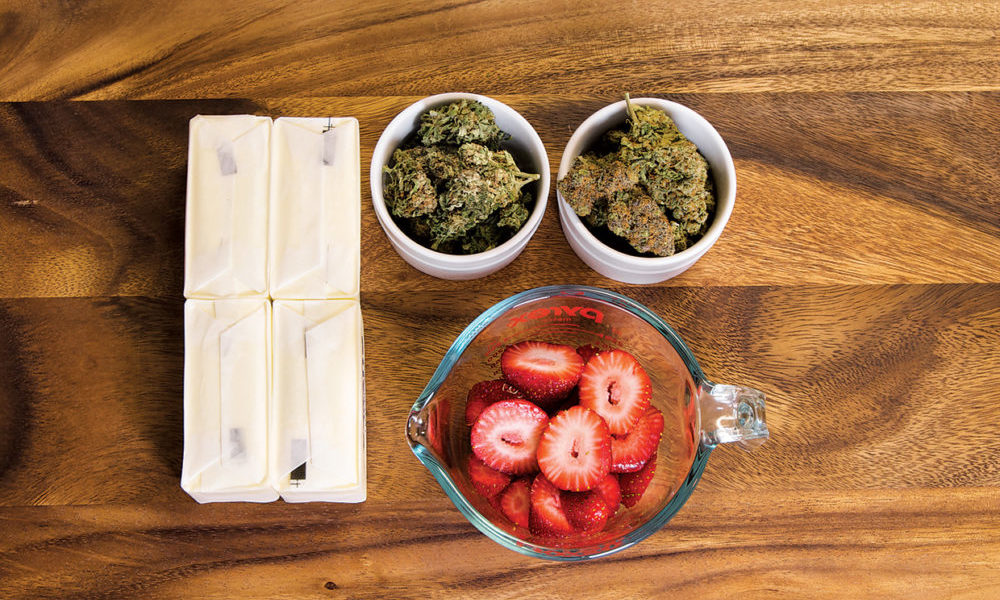 Mise en place for medicated strawberry cannabutter | Cannabis Now Magazine + Jessica Catalano