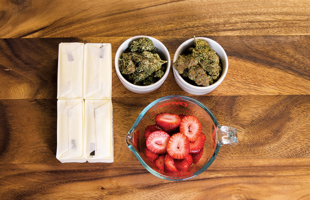 Mise en place for medicated strawberry cannabutter | Cannabis Now Magazine + Jessica Catalano