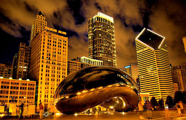 An evening view of the reflective bean in Chicago, Illinois where legislatures are trying to legalize medical marijuana