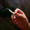 A hand holds a half smoked joint as the smoker inhales the medicinal benefits of marijuana.