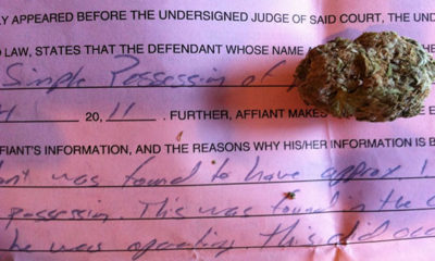 A pink slips details the reasons for ticketing a patron in Canada for possessing a small amount of marijuana. The incriminating bud of cannabis sits atop the slip.