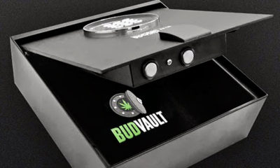 A partially opened Bud Vault case shows the viewer the locking mechanism and space for your bud as it keeps it safe from theft, children, and pets.