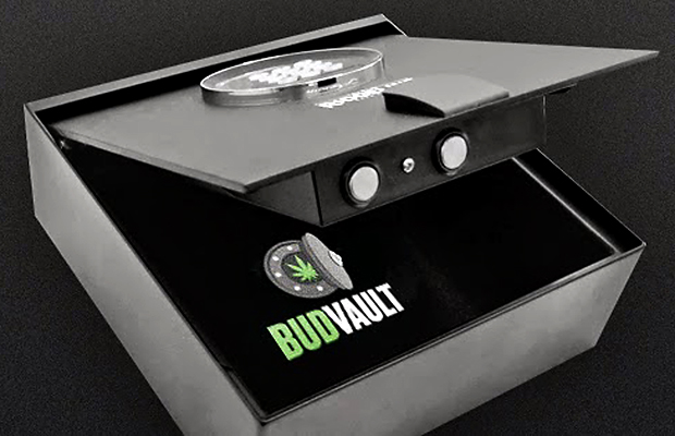A partially opened Bud Vault case shows the viewer the locking mechanism and space for your bud as it keeps it safe from theft, children, and pets.