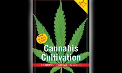 The cover of "Cannabis Cultivation" shows a simple pot leaf and a yellow and red note that indicates this is a third edition copy.