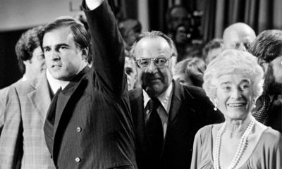 In this November 1978 photo, Jerry Brown, left, accompanied by his parents, former California Gov. Edmund G. "Pat" Brown, center, and his mother Bernice Brown, right, waves as he celebrates his election as governor of California on election night in Los Angeles.