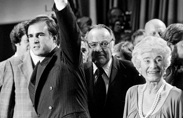 In this November 1978 photo, Jerry Brown, left, accompanied by his parents, former California Gov. Edmund G. "Pat" Brown, center, and his mother Bernice Brown, right, waves as he celebrates his election as governor of California on election night in Los Angeles.