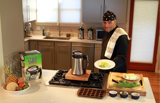 Baker with a bandanna covering his head uses The Magical Butter slow cooker to create perfectly dosed canna-butter.
