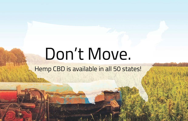 An ad from HempMeds urges people moving to Colorado to receive legal mmj to stay put because Hemp CBD is legal in all 50 states.