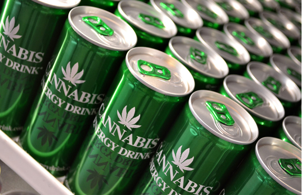 Flats of unopened cans of cannabis engergy drinks.