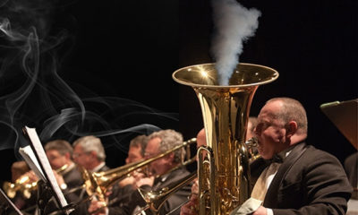 The tuba player of the Colorado Symphony has smoke coming out of the bell of his instrument at CS's famous "bring your own marijuana" concerts.