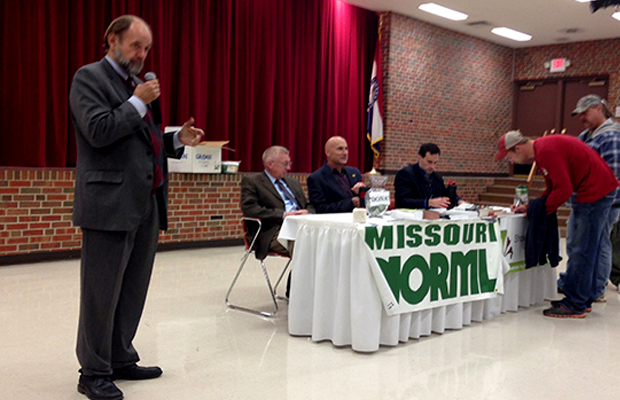 A man speaks at a NORML event in Missouri about the newly passed CBD-only law.