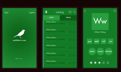 Three panels from the "Canary" app which acts as a middleman between the cannabis consumer and registered dispensaries and allows for secure delivery to the customer’s home for a small fee.