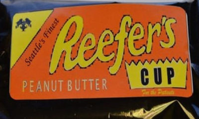 A package of medicated "Reefer's Peanut Butter Cups" sits at a dispensary, under fire with Hershey for infringement rights.