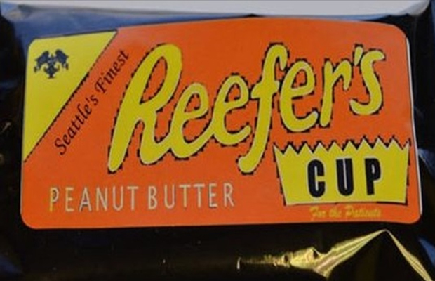 A package of medicated "Reefer's Peanut Butter Cups" sits at a dispensary, under fire with Hershey for infringement rights.