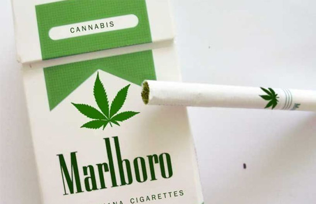 A parodied Marlboro pack shows a green banner and pot leaf.