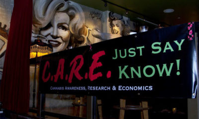 Sign designed like a DARE poster saying C.A.R.E, Just Say Know!