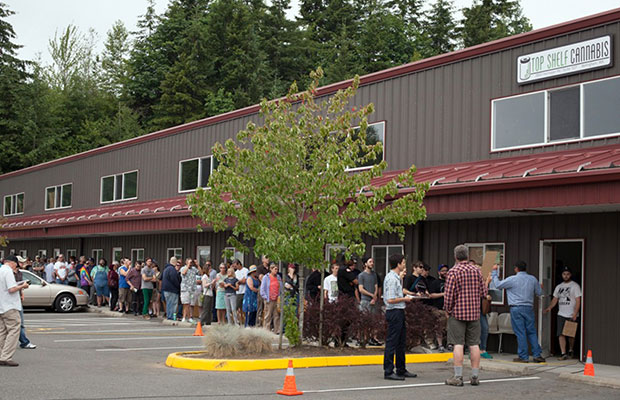 Line outside of a dispensary in Washington state, where weed is now legal