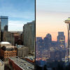 Skylines of both Seattle and Denver, two cities with growing economies in legal marijuana