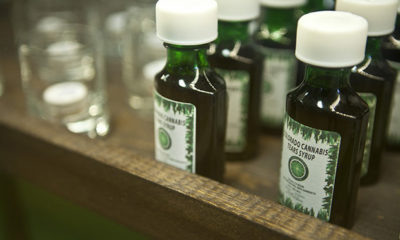 Little green bottles filled with cannabis tears syrup