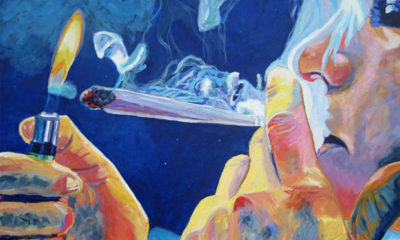 A moody painting of a man lighting a joint was made during a "Puff, Pass, Paint" class.