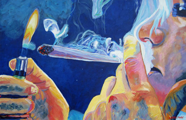 A moody painting of a man lighting a joint was made during a "Puff, Pass, Paint" class.