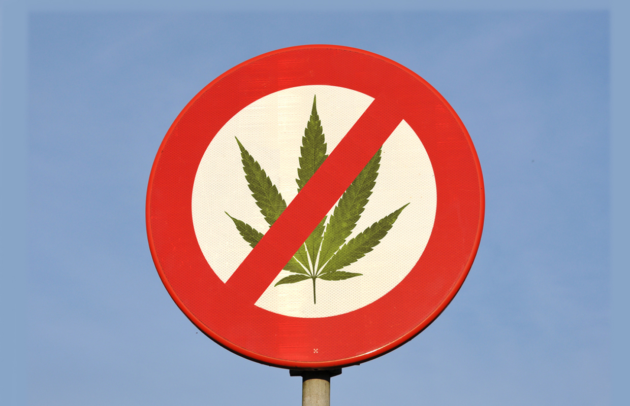 A red sign slashes through a pot leaf is carried by lobbiests with special interests in anti-marijuana laws.