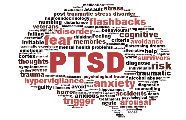 The shape of a brain is filled with words that are symptoms of the central problem, PTSD, which is on the list of ailments that can have mmj prescribed in Arizona.