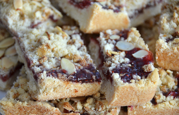 Bars of “Medical” Gluten-Free Raspberry Cough Crumb Bars on a plate.