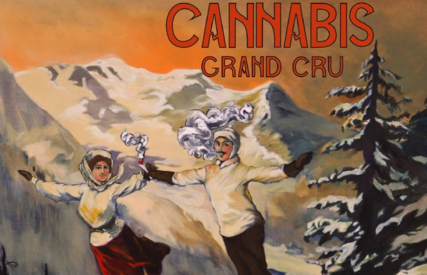 A poster shows a winter scene promotes Aspen's Cannabis Grand Cru show that focuses on seminars and networking, rather than products.