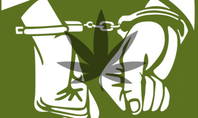 A green and white illustration of a man in cuffs with a pot leaf overlayed represents the decreasing amount of marijuana related arrests in New York.