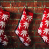 Three red stockings with white pot leaves patterned on them hold the perfect gifts for your stoner friends.