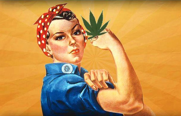 A Rosie the Riviter poster is modified with a pot plant to represent the women who are at the top of the cannabis industry.