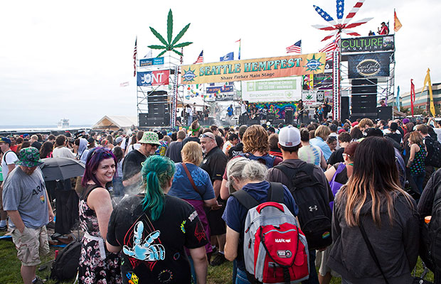 Crowds Gather at a Stage During the Seattle Hempfest