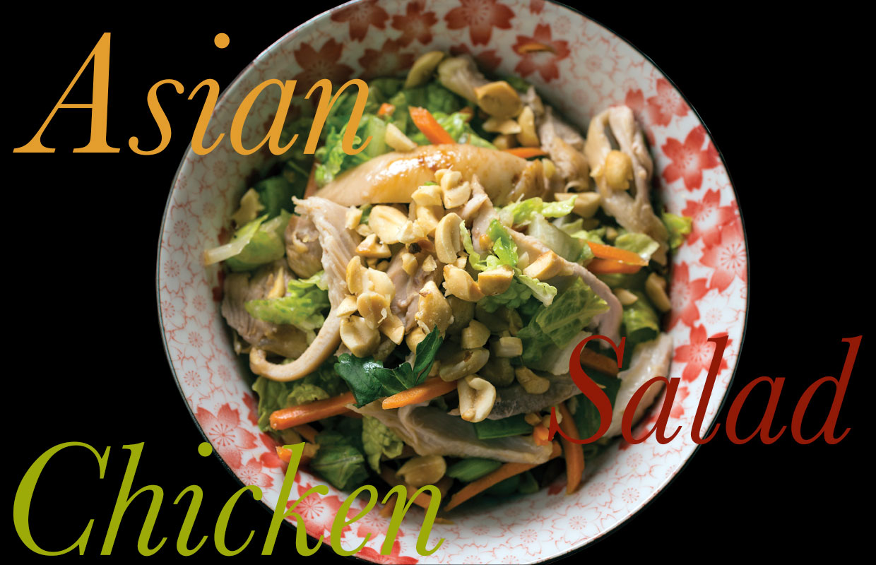 A bowl of medicated Asian chicken salad sits on a black table with the words "Asian chicken salad" overlaid.