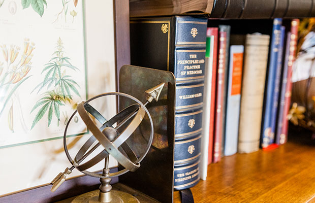 Dr. Lucido's bookshelf in his office contains books, a globe, and illustrations of the cannabis plants.