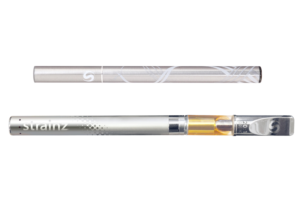 Two flavored vapor pens, called Ratio Pens, by Strainz next to one another.