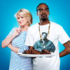 Martha Stewart and Snoop Dogg pose next to one another with a plate of brownies to promote their new show, Potluck.