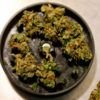 A black grinder with the top part open shows buds ready to be ground by the teeth.