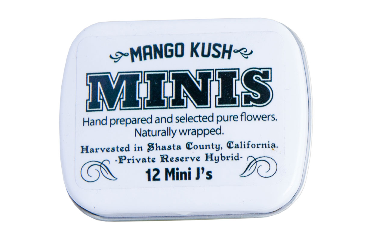 A small tin holds the small, yet tasty, Mango Kush mini pre-rolls by Minijuanas.