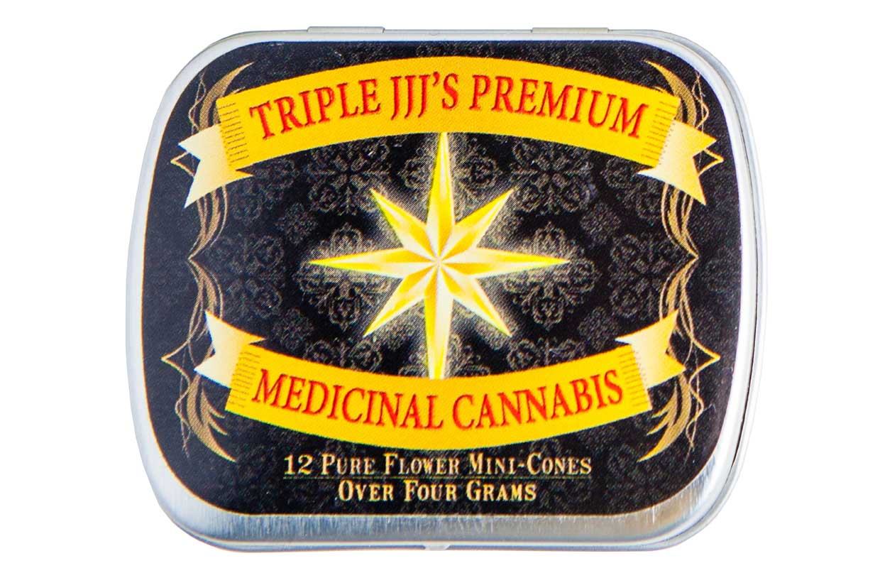 A small tin adorned with yellow banner tells the viewer that they are holding Triple JJJ's Premium mini pre-rolls.
