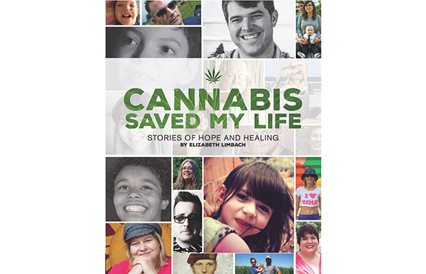 The book cover for Elizabeth Limbach's 'Cannabis Saved My Life' book shows the many faces of people who attribute their life to cannabis.