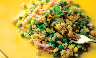 Canna-Quinoa Salad on a Yellow Plate with Fork